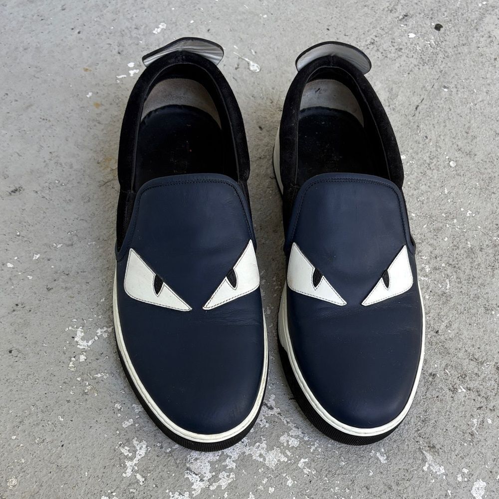 Fendi monster leather and suede slip on sneakers